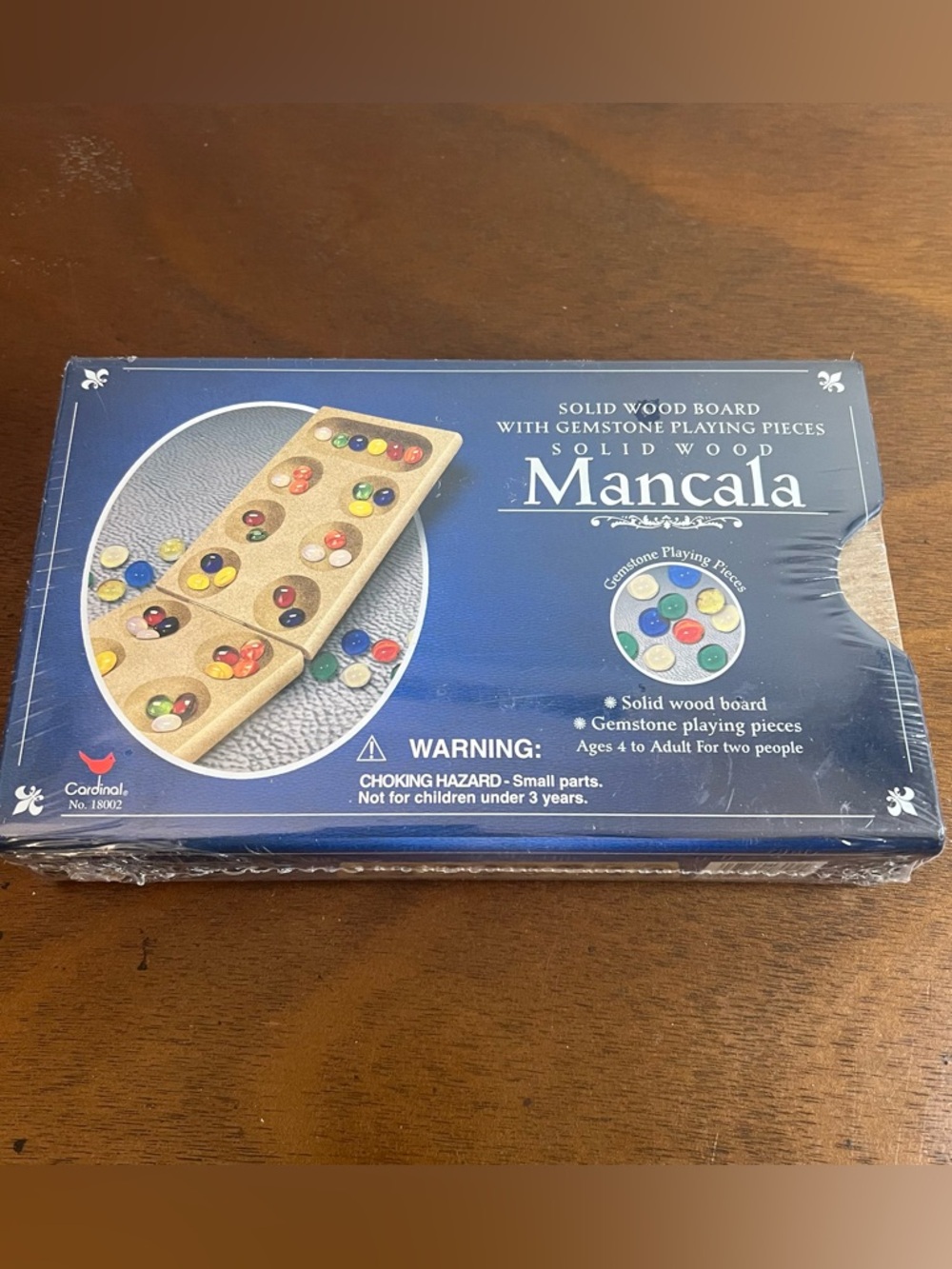 NWT Mancala Solid Wood Board Game Blue Box with Multicolor Gemstones Game Night